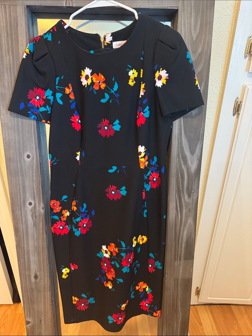 Calvin Klein Black Midi Dress with Bright Floral Accents